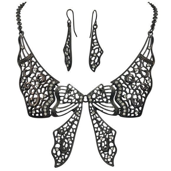 🔴 Black Filigree Bow Butterfly Necklace Earrings Set - Picture 1 of 4